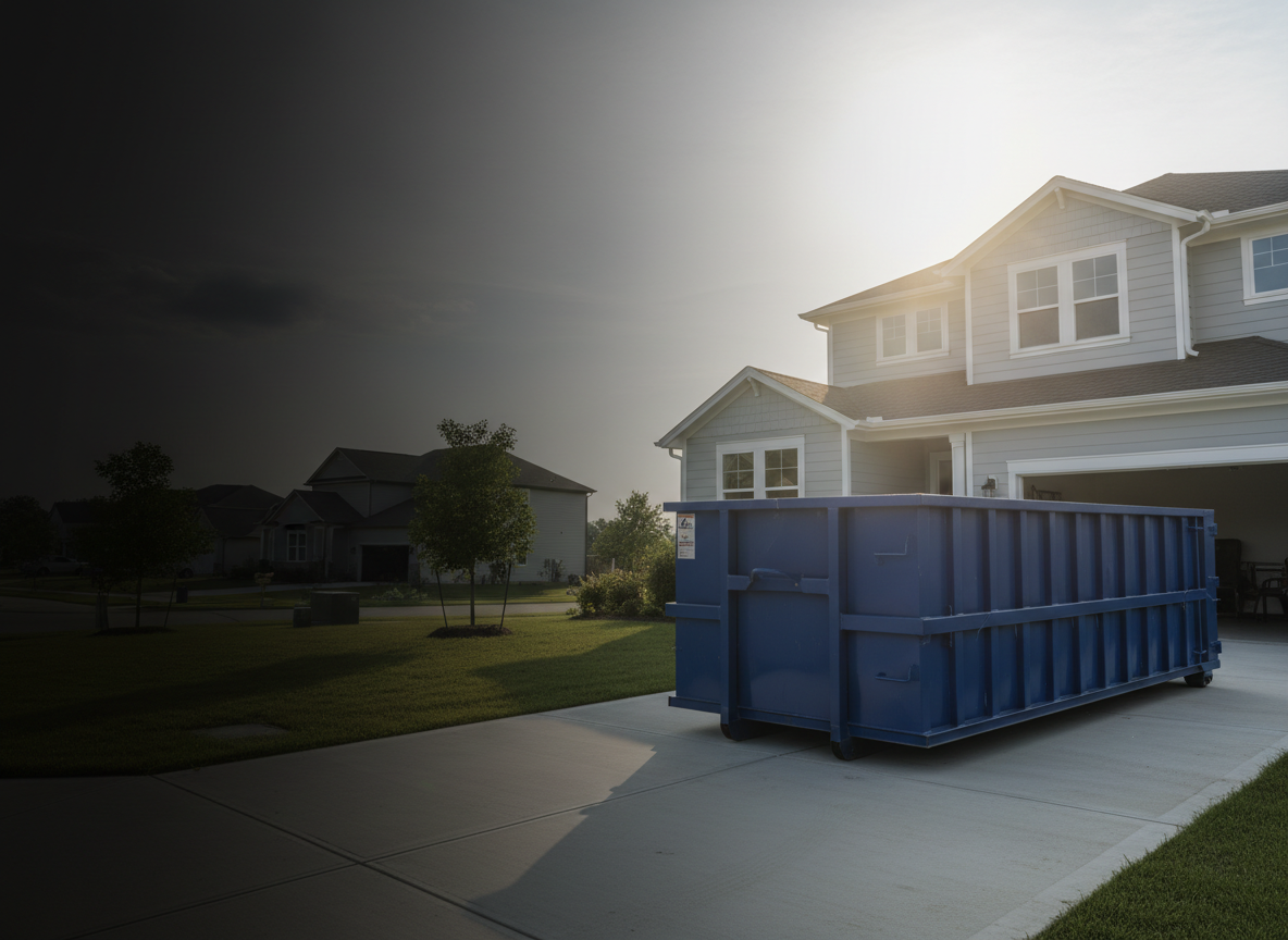 A realistic photo of a royal blue roll-off dumpster placed in a clean residential driveway, shot in landscape orientation, with soft lighting suitable for a website hero background. Leave room for text on the left side. Apply a subtle black haze overlay effect to improve text contrast.